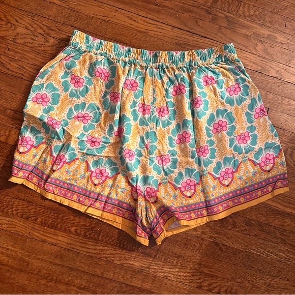 Natural Life Maribel Shorts Floral Mustard Teal Pink Elastic Waist Border - Picture 3 of 5
